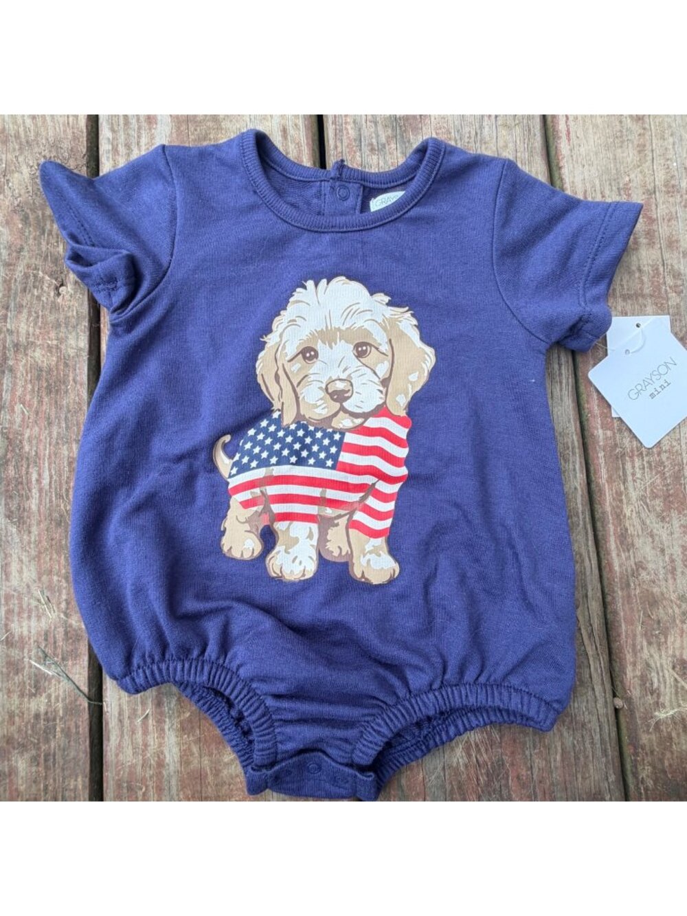 Baby Short-Sleeve Romper With American Flag Puppy Graphic Purple 6-9 Months Gray